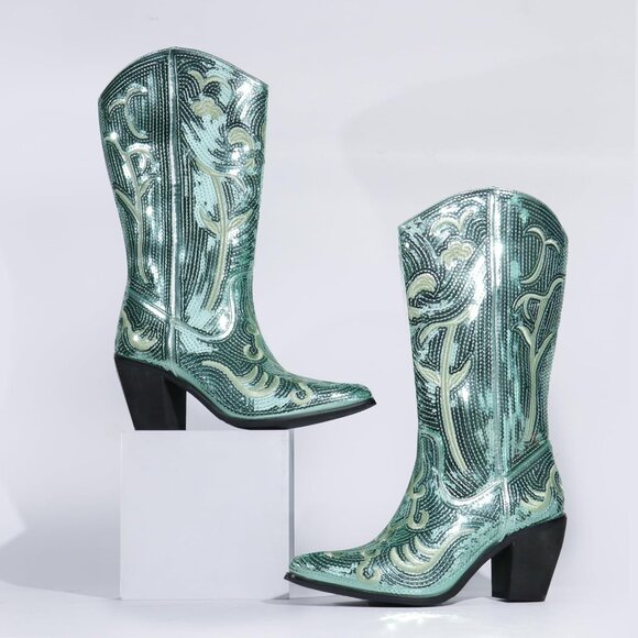 Women's Sequin Green Fashion Western Zipper Pointed Toe Embroidered Boots - Picture 6 of 6